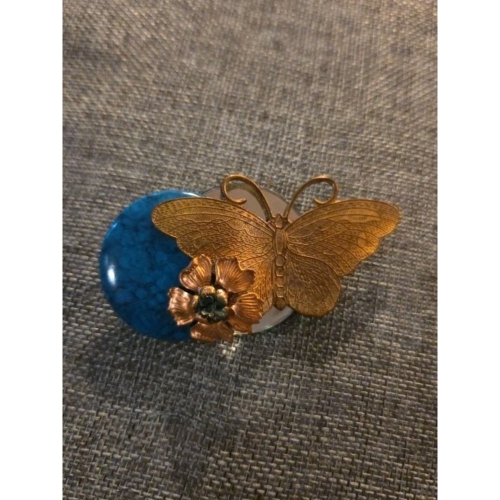 Artisan Made Copper Tone Butterfly And Flower Brooch 3inch Wide